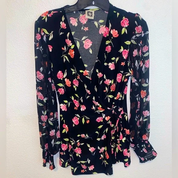 Anne Klein Floral Wrap Top Black and Pink - Picture 1 of 6